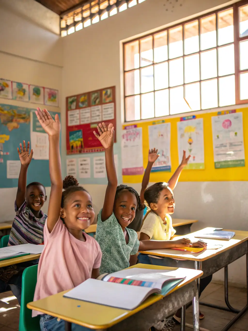 A classroom setting with students actively participating in a beginner-level English lesson, focusing on basic vocabulary and pronunciation.