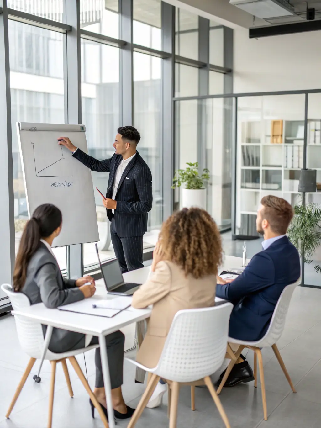 A student confidently delivering a presentation in English, highlighting the practical application of business English skills in a professional setting.