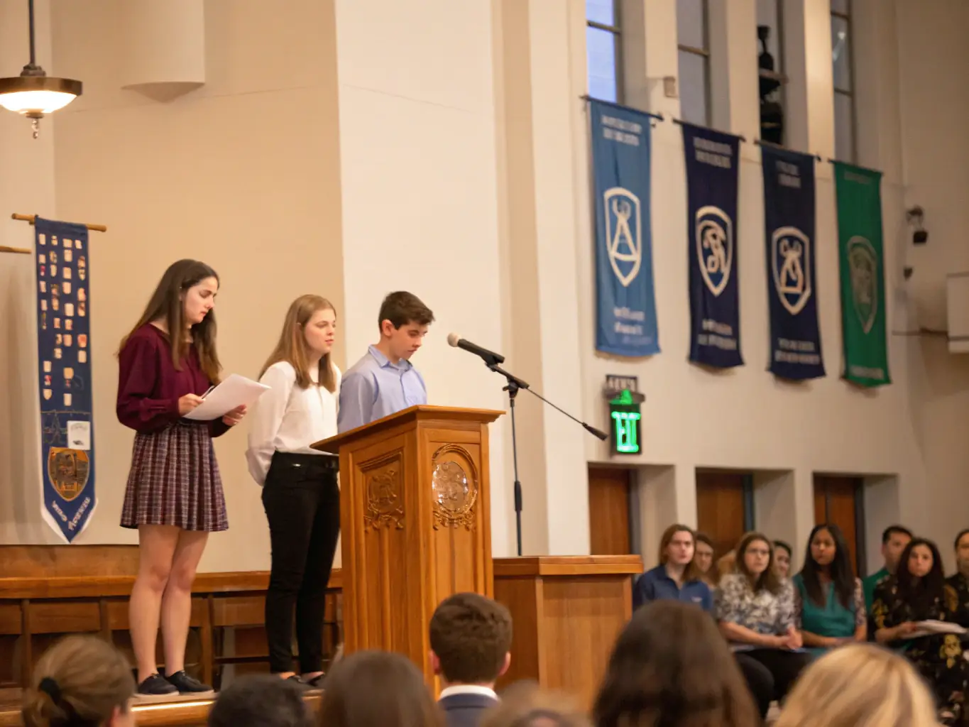 A high-resolution image of a student giving a presentation in English, with a focus on public speaking and advanced communication skills.