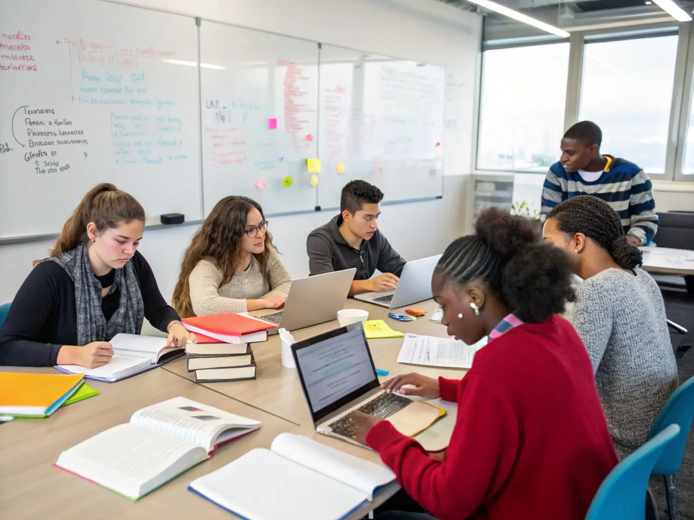 A high-resolution image of students participating in an interactive English lesson, with a focus on conversational practice and group activities.