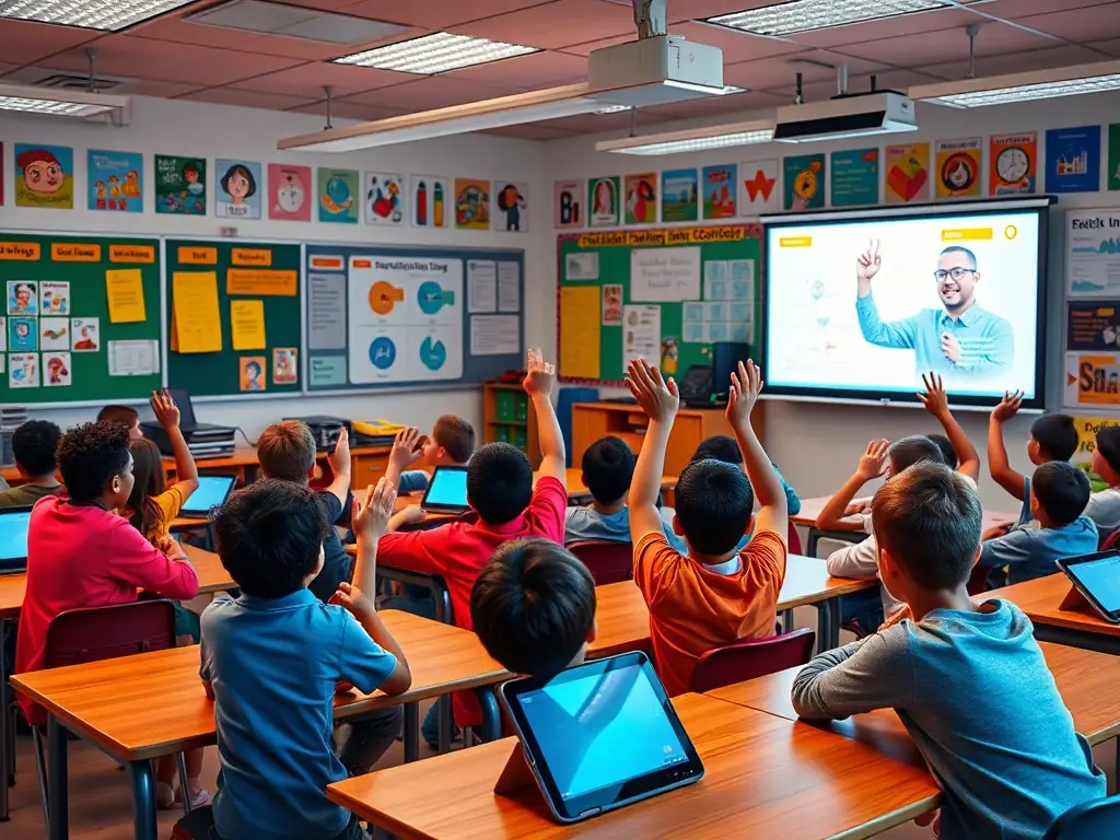 A vibrant classroom scene with students engaging in online learning on their devices, focusing on interactive exercises and real-time feedback.