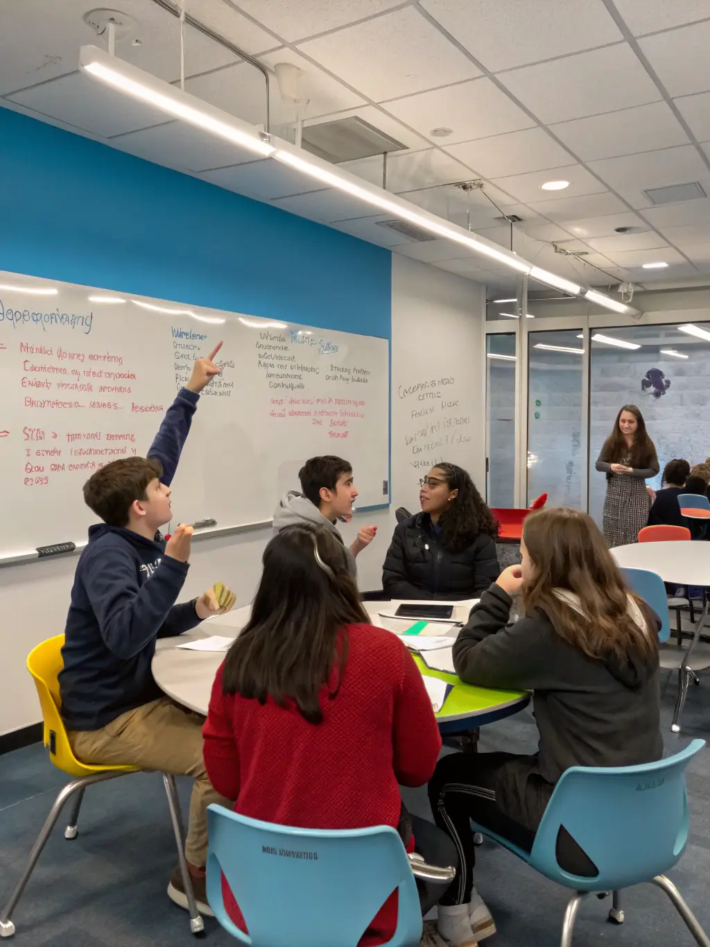 An advanced English class where students are debating complex topics, showcasing their mastery of the language and critical thinking skills.
