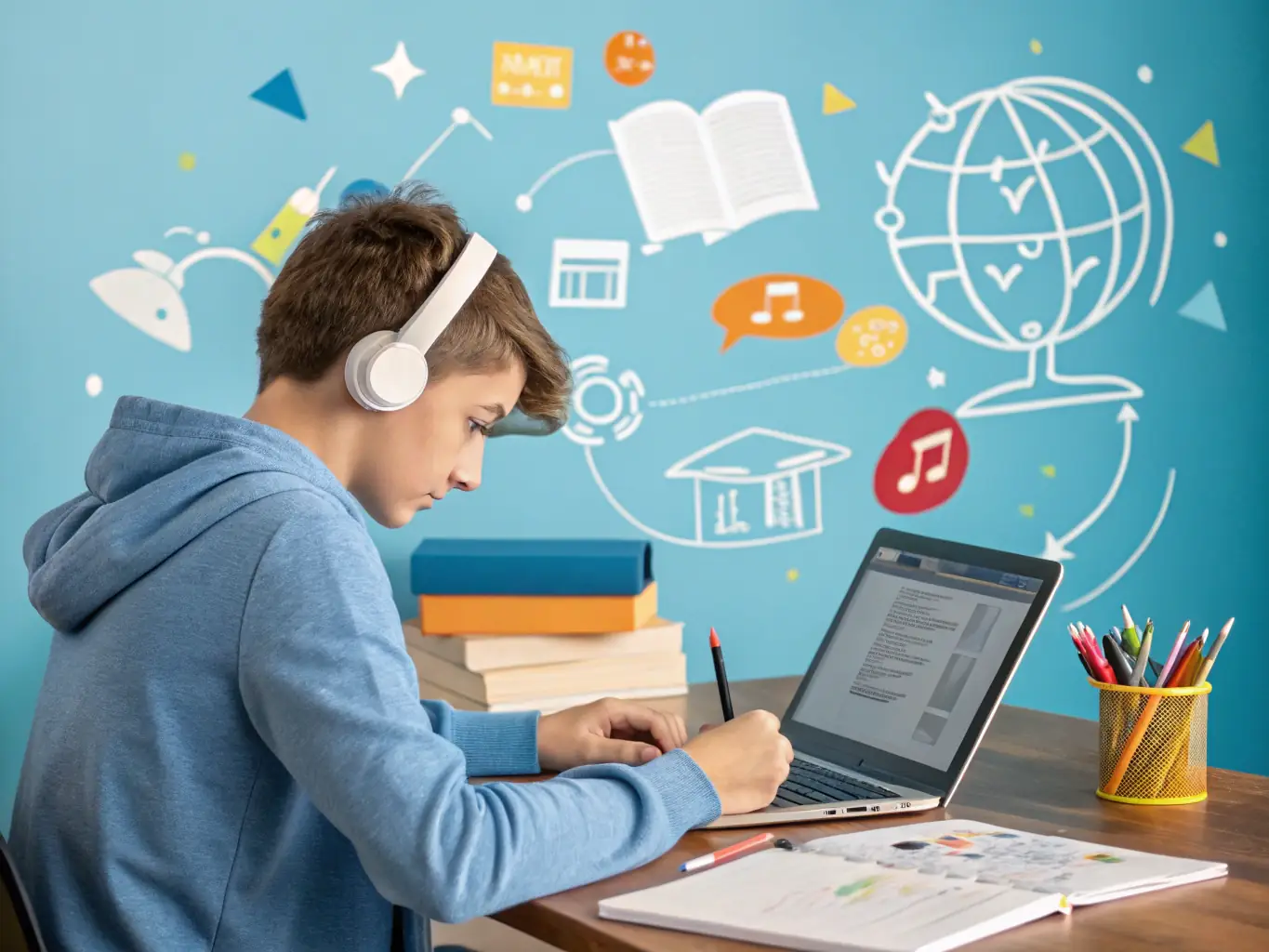 A student studying English grammar and vocabulary with downloadable study materials, emphasizing the convenience and flexibility of the learning resources.