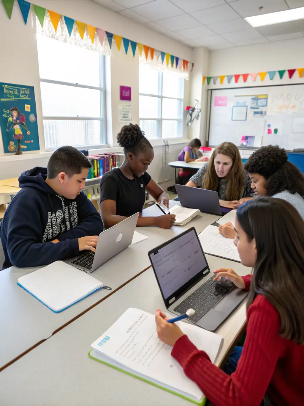 A group of students engaged in a lively discussion during an intermediate-level English class, emphasizing fluency and comprehension.